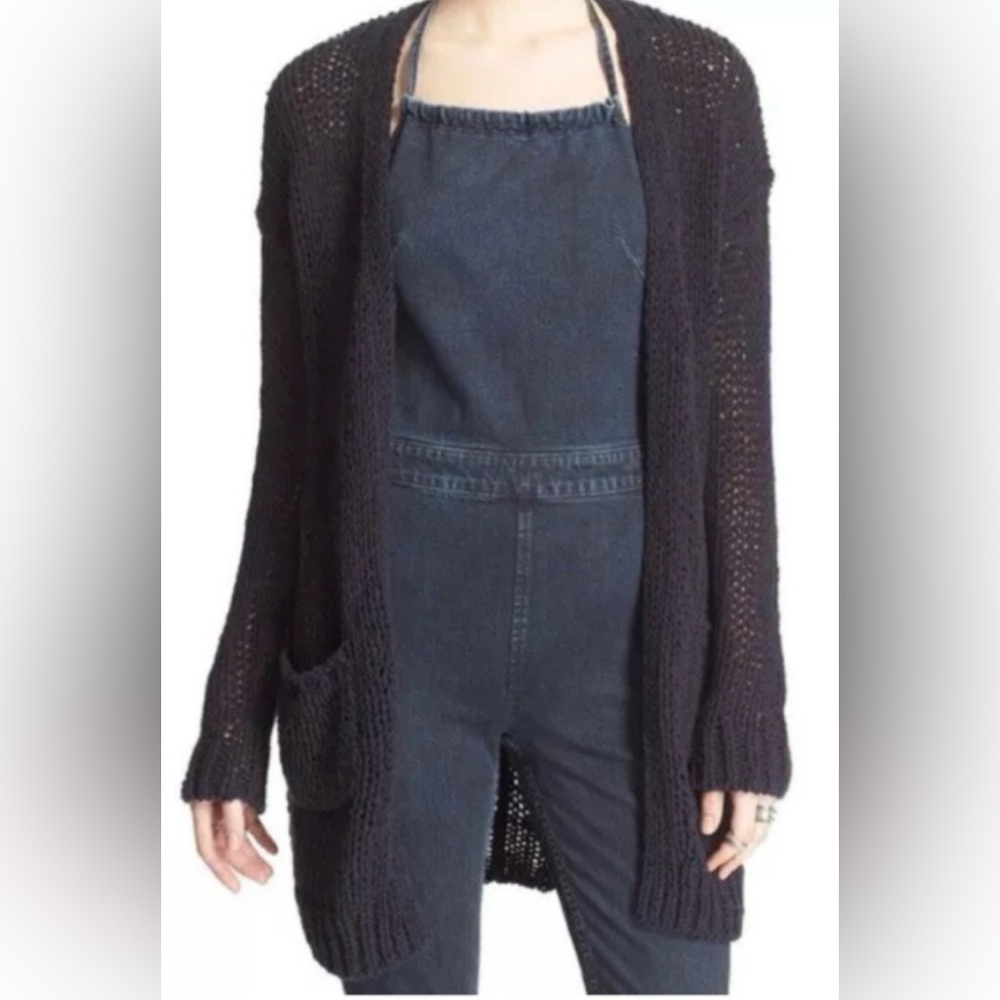 Free People Simple Sienna Long Line Open Front Cardigan Sz M Navy Blue Open Knit